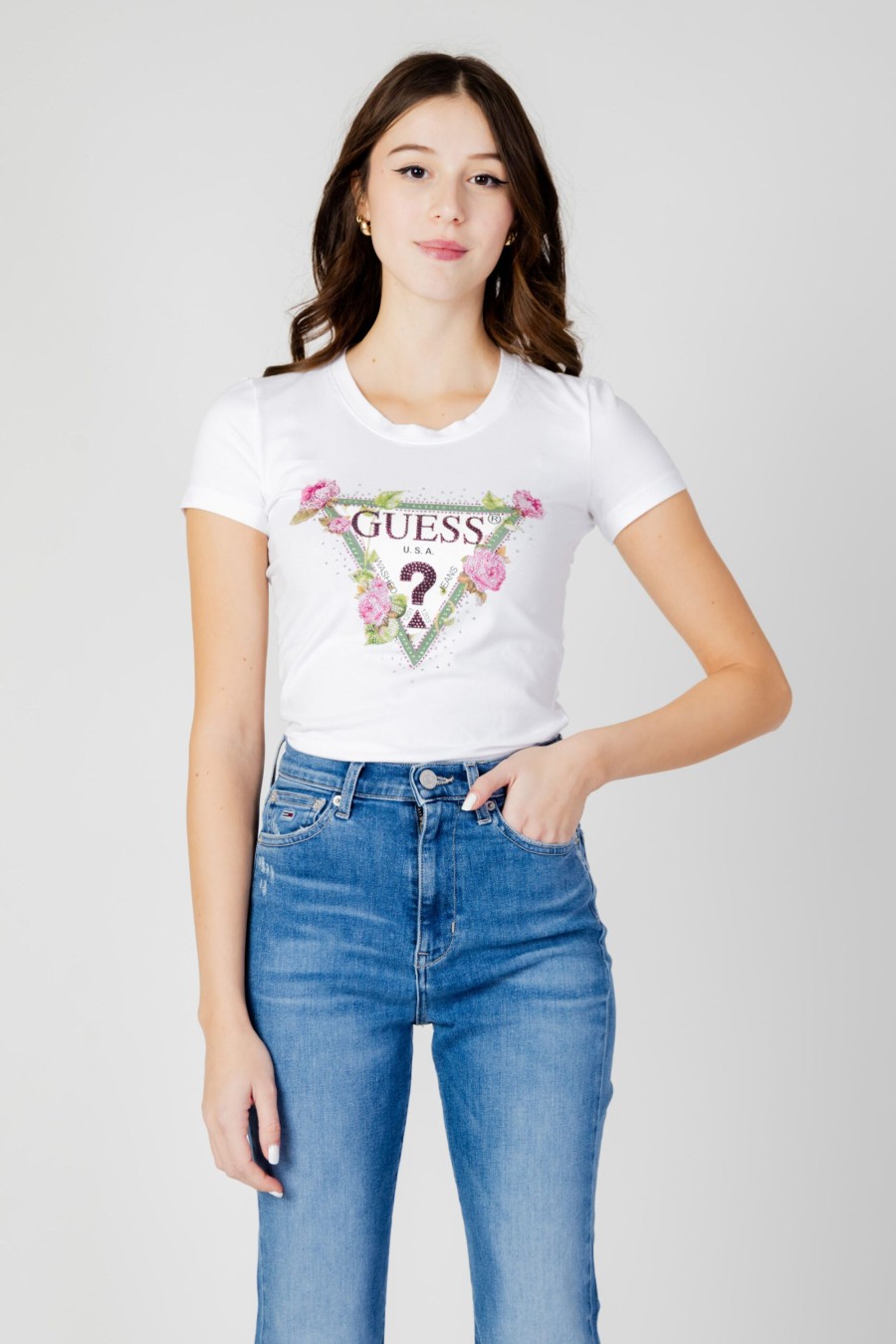 Donna Guess | T-Shirt Guess Ss Rn Floral Triangle Bianco