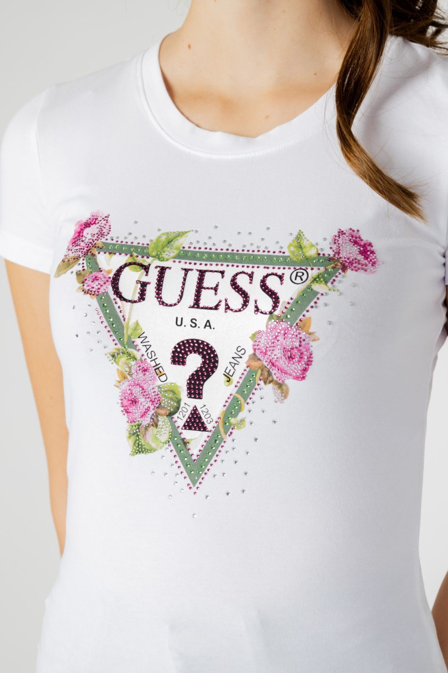 Donna Guess | T-Shirt Guess Ss Rn Floral Triangle Bianco