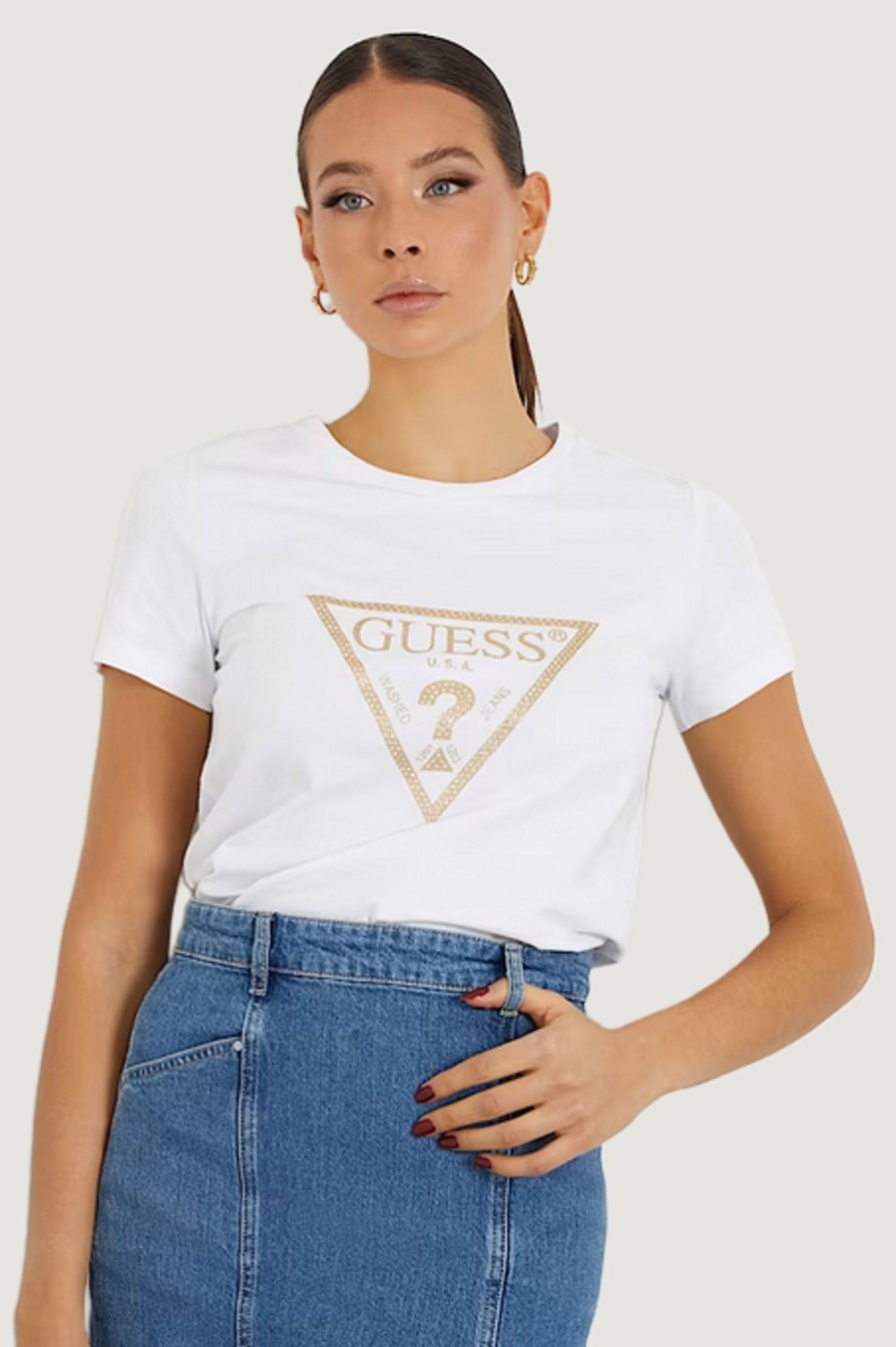 Donna Guess | T-Shirt Guess Ss Cn Gold Triangle Bianco