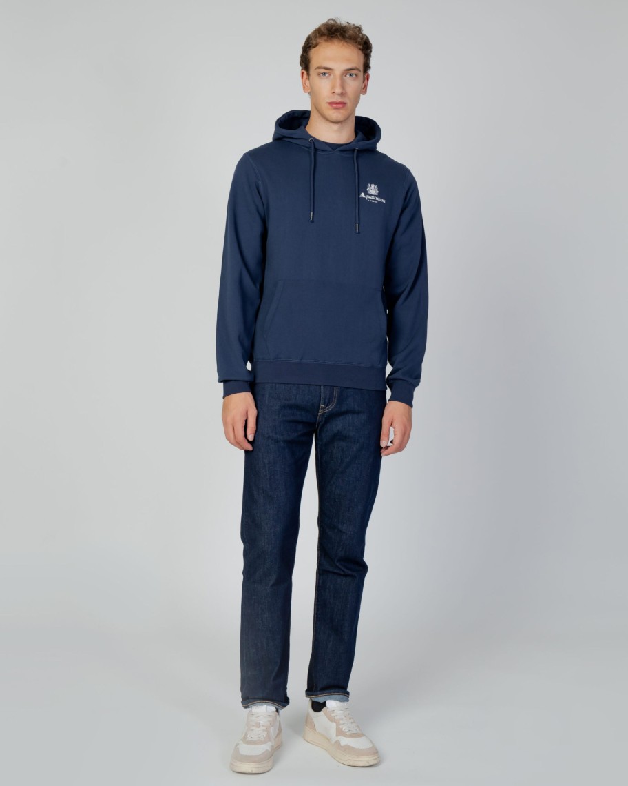 Uomo Aquascutum | Felpa Con Cappuccio Aquascutum Active Small Logo Hoodie Fleece Blu