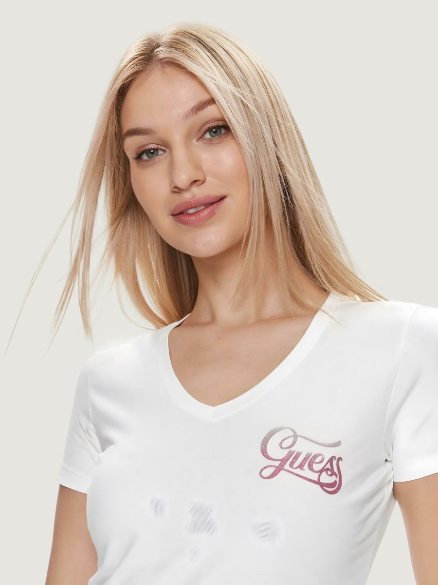 Donna Guess | T-Shirt Guess Ss Vn Shaded Glitter Bianco