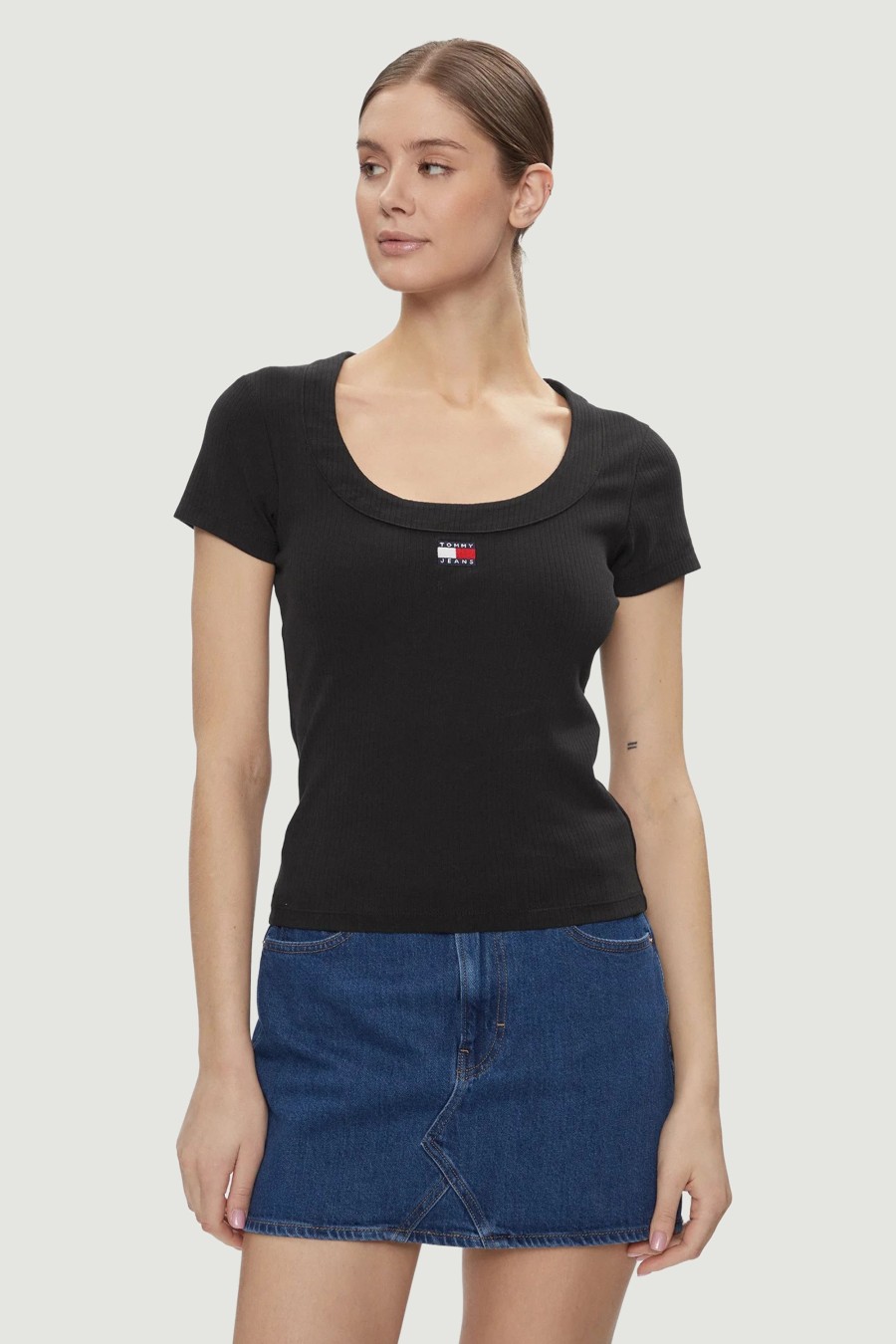 Donna Tommy Hilfiger | T-Shirt Tommy Hilfiger Slim Badge Rib Nero