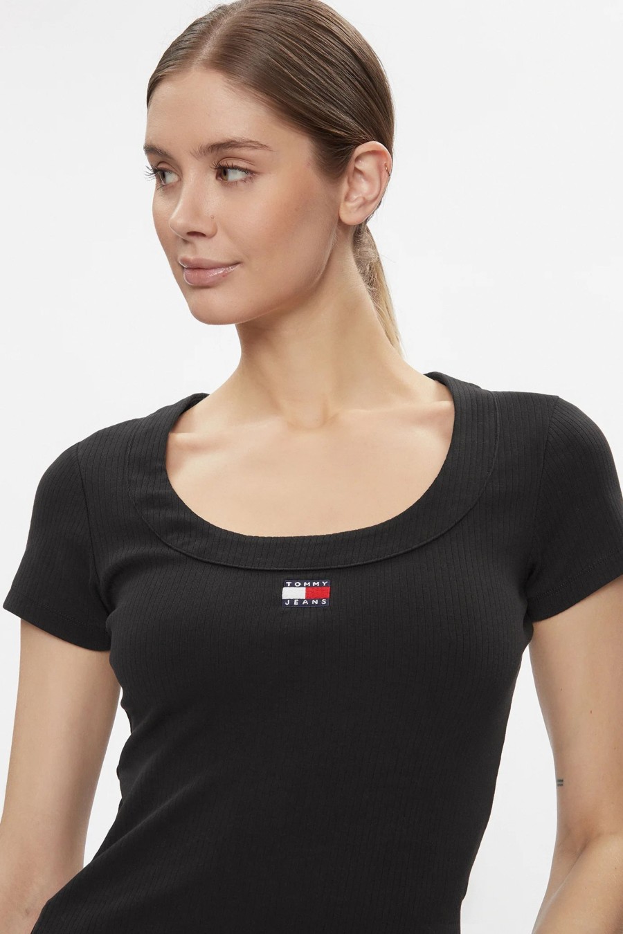 Donna Tommy Hilfiger | T-Shirt Tommy Hilfiger Slim Badge Rib Nero