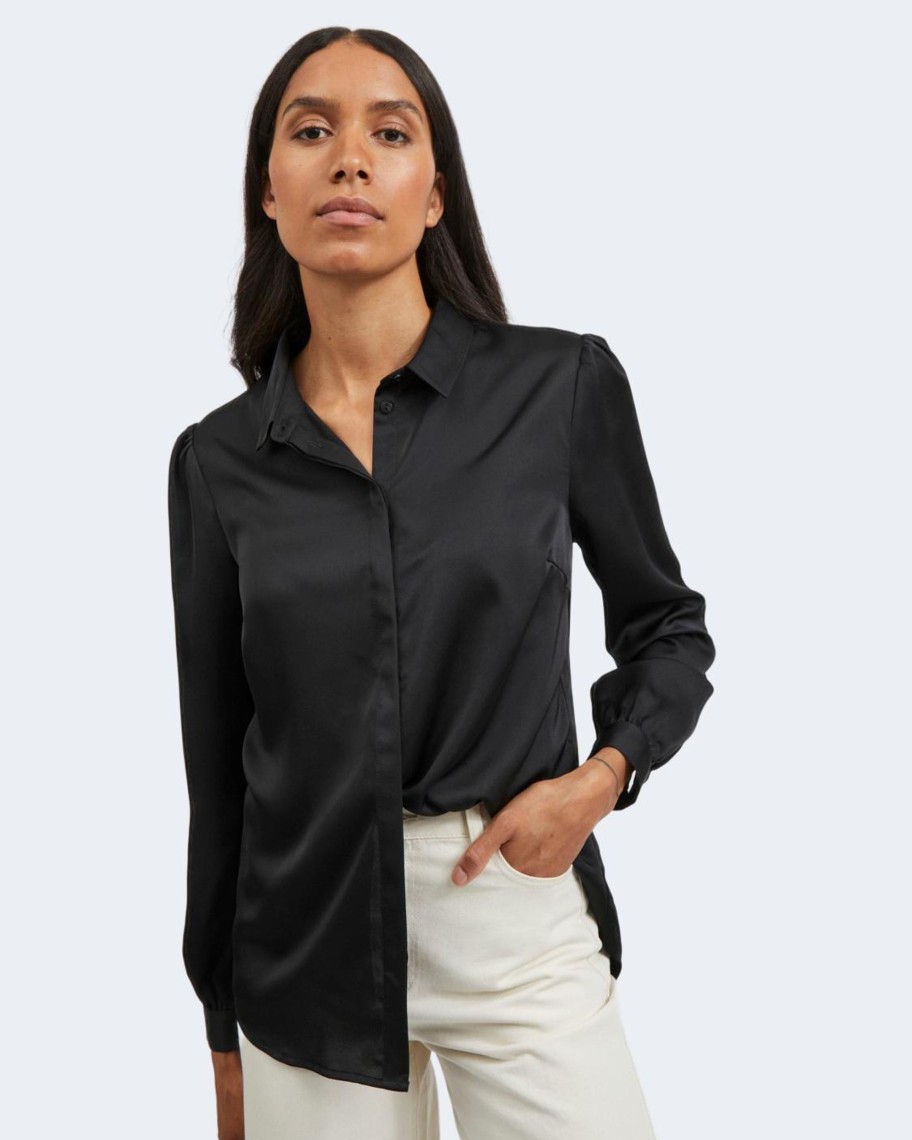 Donna Vila Clothes | Camicia Manica Lunga Vila Clothes Noos - Viellette Satin L/S Shirt/Su - Noos Nero