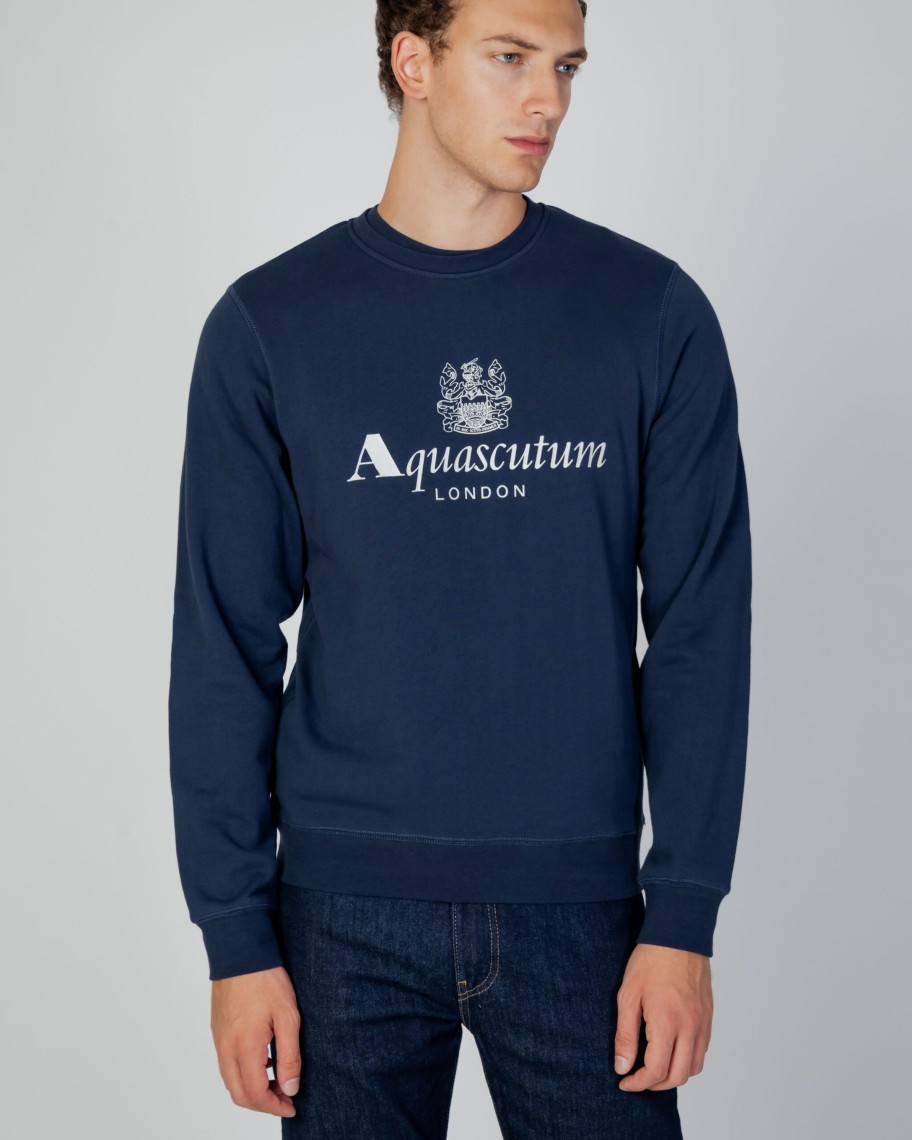 Uomo Aquascutum | Felpa Senza Cappuccio Aquascutum Active Big Logo Crew Neck Fleece Blu