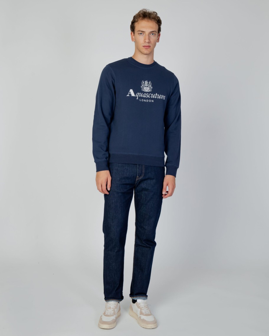 Uomo Aquascutum | Felpa Senza Cappuccio Aquascutum Active Big Logo Crew Neck Fleece Blu