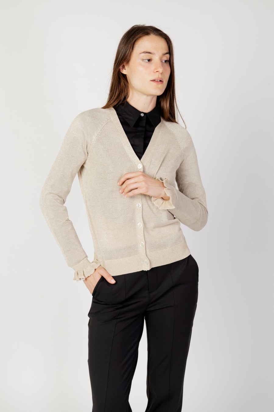 Donna Vila Clothes | Cardigan Vila Clothes Vianta Rev Frill Glitter Knit Cardigan Oro