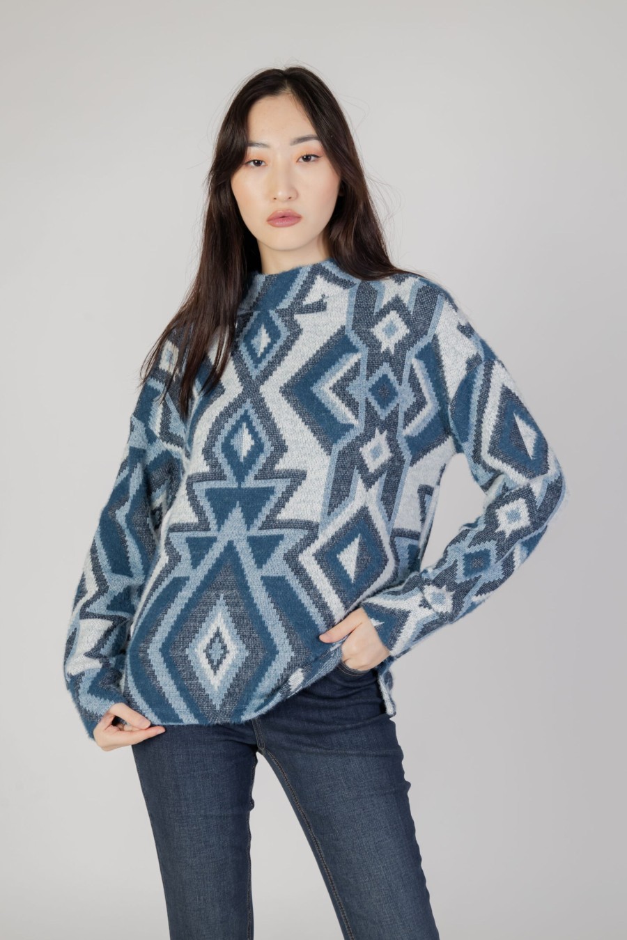 Donna Street One | Maglione Street One Fluffy Dessin Turtle Celeste