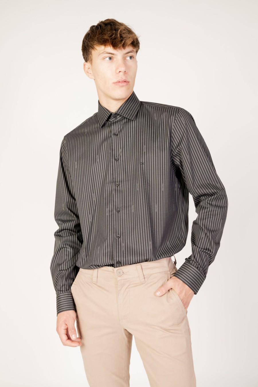 Uomo Calvin Klein | Camicia Manica Lunga Calvin Klein Twill Logo Stripe Fi Nero