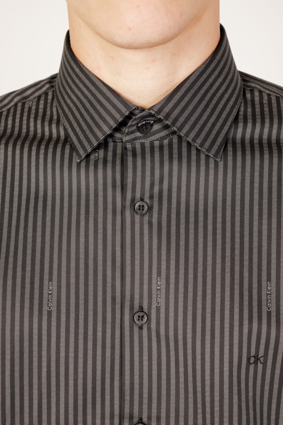 Uomo Calvin Klein | Camicia Manica Lunga Calvin Klein Twill Logo Stripe Fi Nero