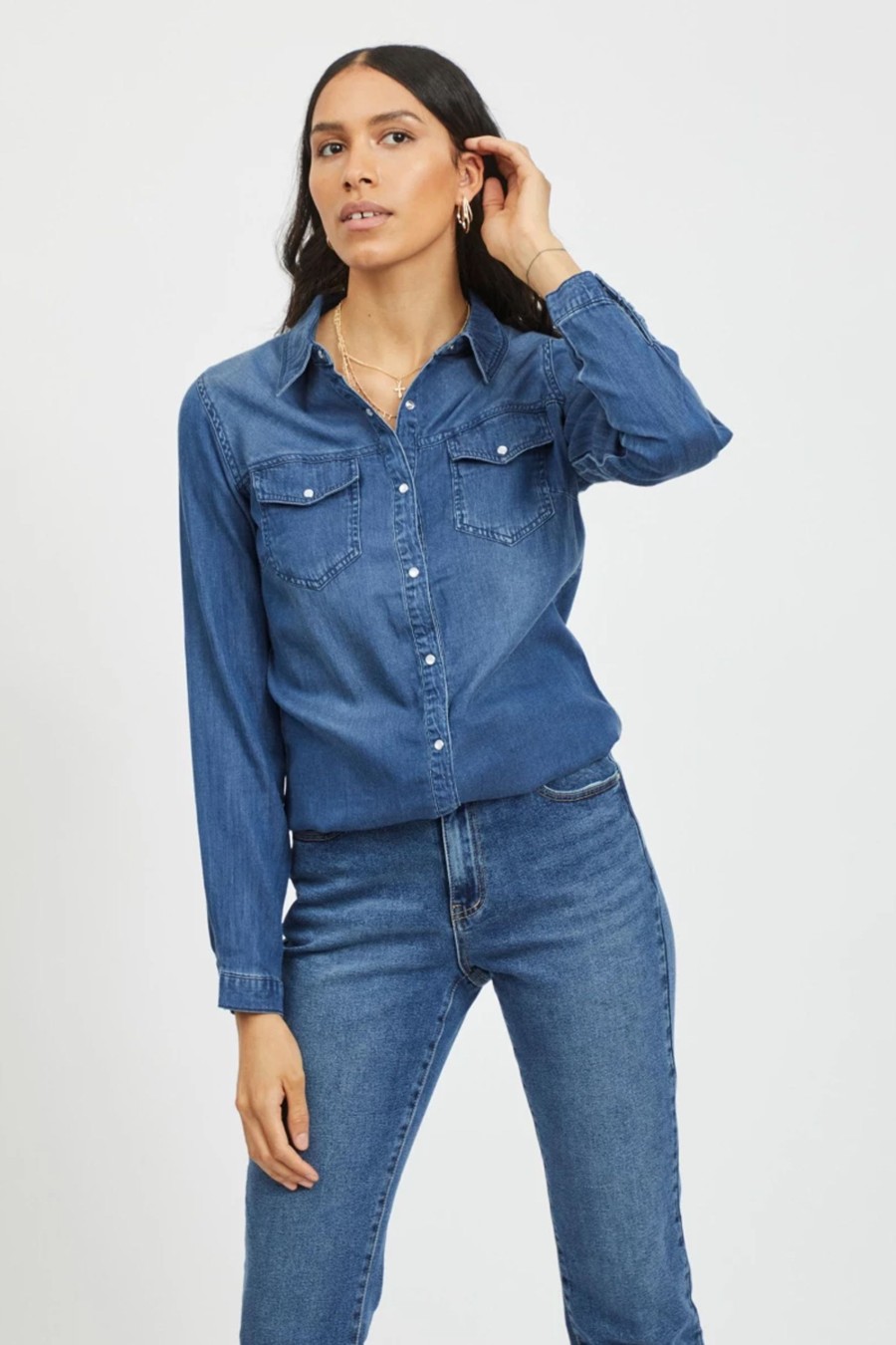 Donna Vila Clothes | Camicia Manica Lunga Vila Clothes Vibista Denim Shirt Blue Denim Scuro