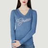 Donna Guess | Maglia Guess Ls Laure Vn Logo Blu Chiaro