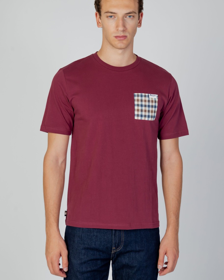 Uomo Aquascutum | T-Shirt Aquascutum Active Check Pocket Bordeaux