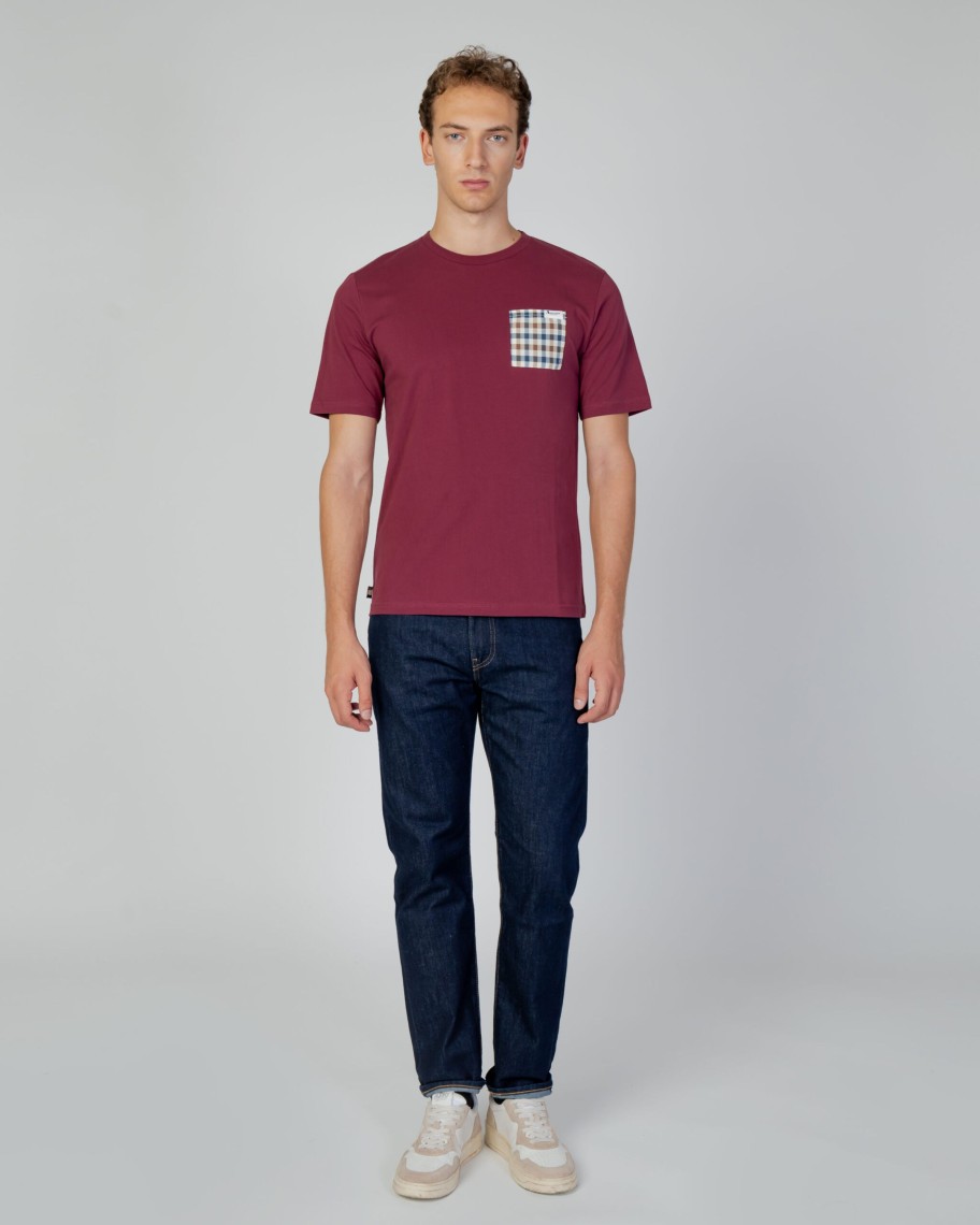 Uomo Aquascutum | T-Shirt Aquascutum Active Check Pocket Bordeaux