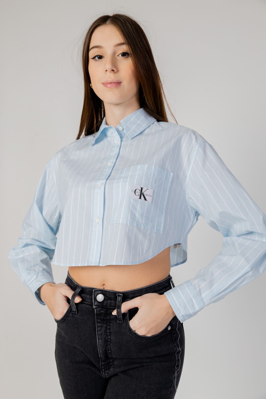 Donna Calvin Klein | Camicia Manica Lunga Calvin Klein Woven Label Cropped Celeste