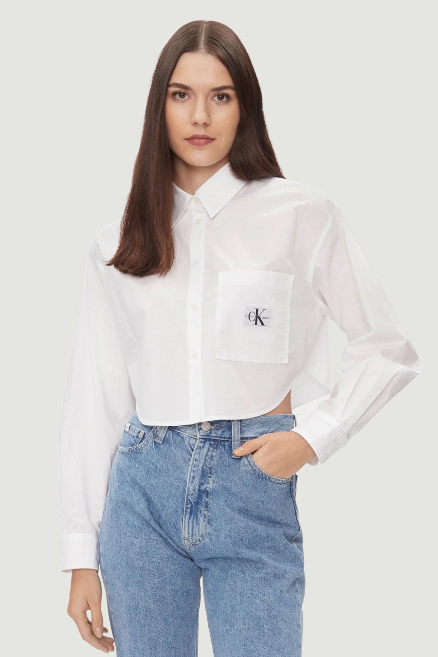 Donna Calvin Klein | Camicia Manica Lunga Calvin Klein Woven Label Cropped Bianco