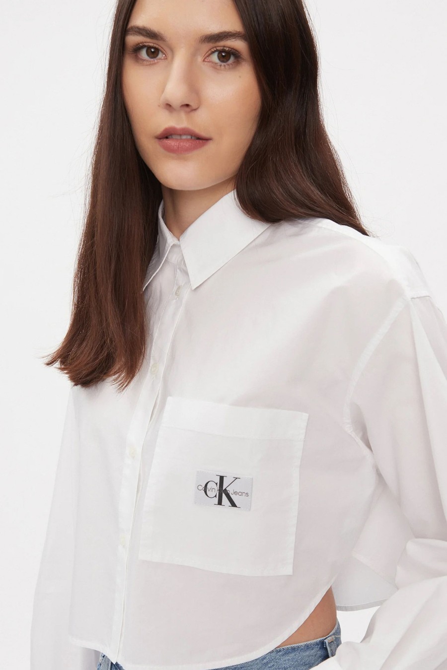 Donna Calvin Klein | Camicia Manica Lunga Calvin Klein Woven Label Cropped Bianco