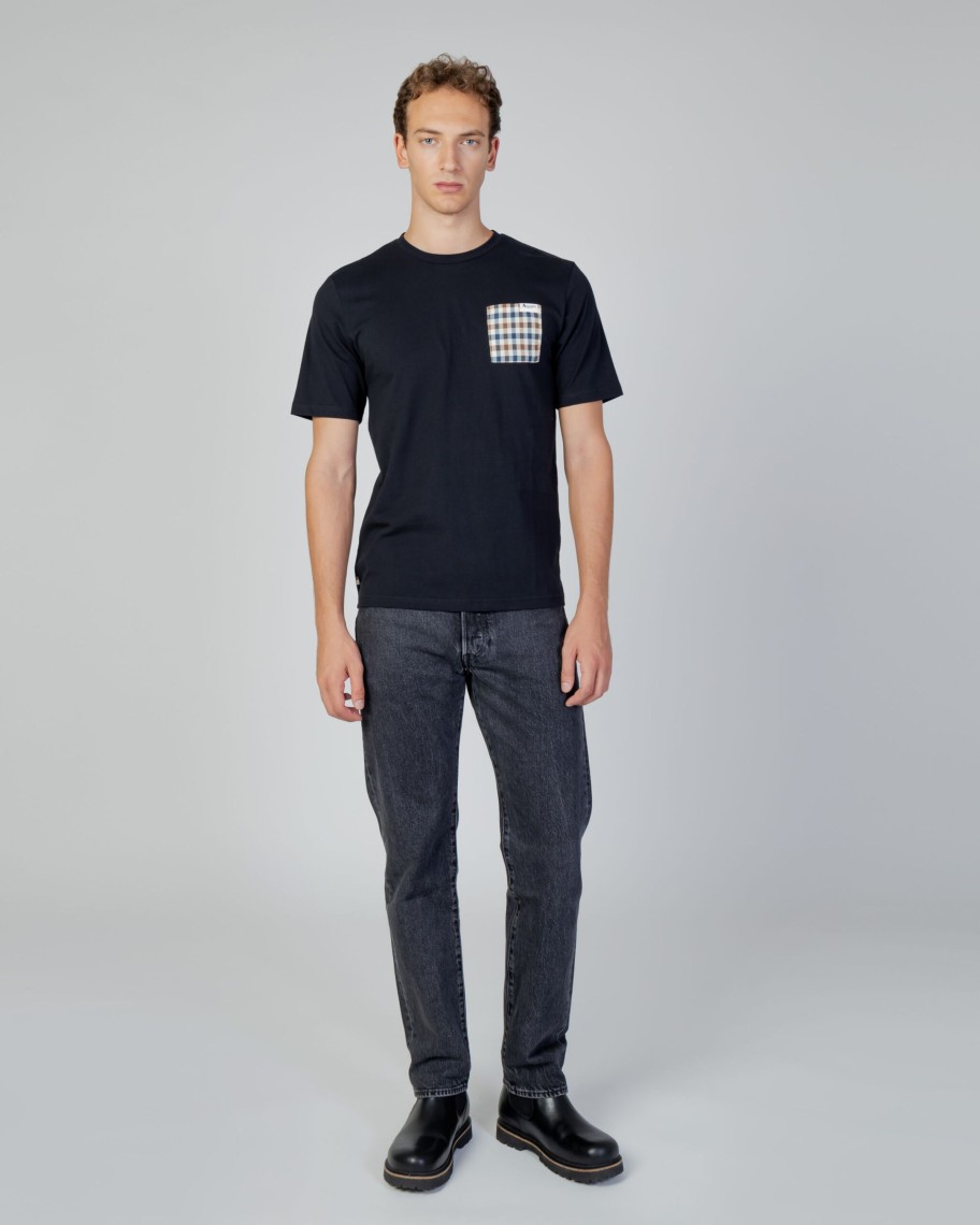 Uomo Aquascutum | T-Shirt Aquascutum Active Check Pocket Nero