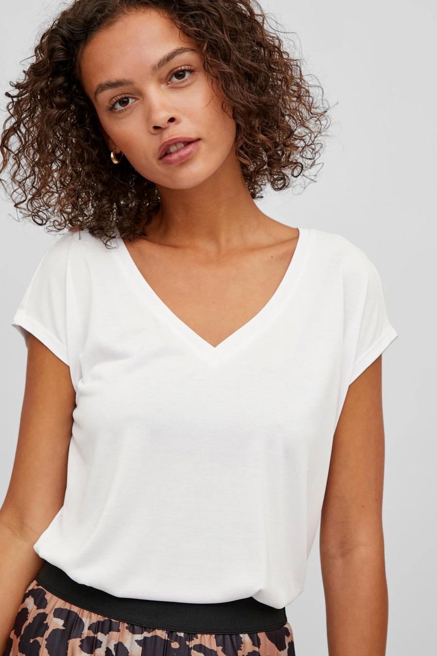 Donna Vila Clothes | T-Shirt Vila Clothes Vimodala V-Neck S/S Su Noos Bianco