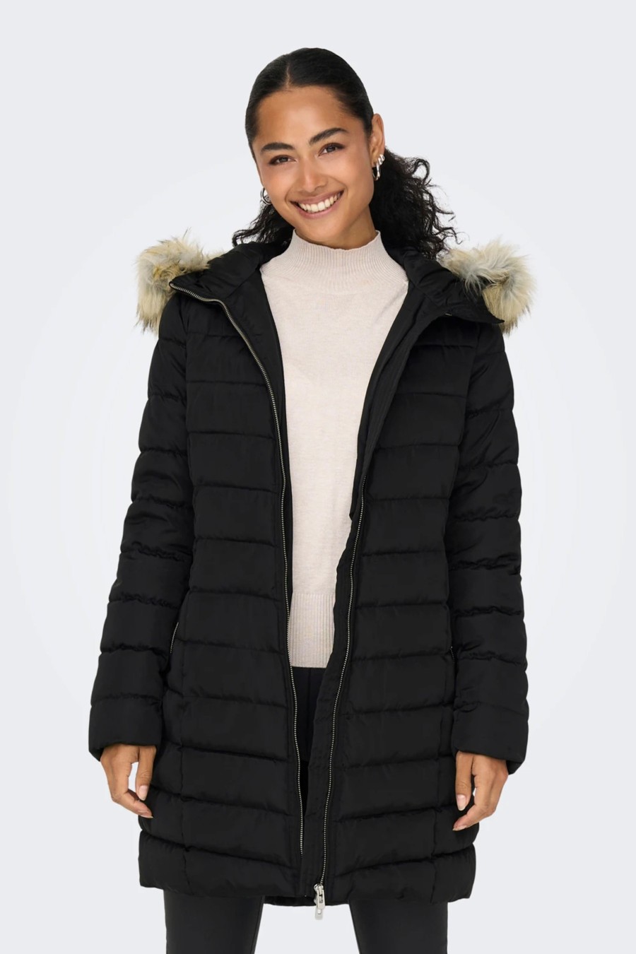 Donna Only | Piumino Only Onlellan Quilted Hood Fur Coat Cc Otw Nero