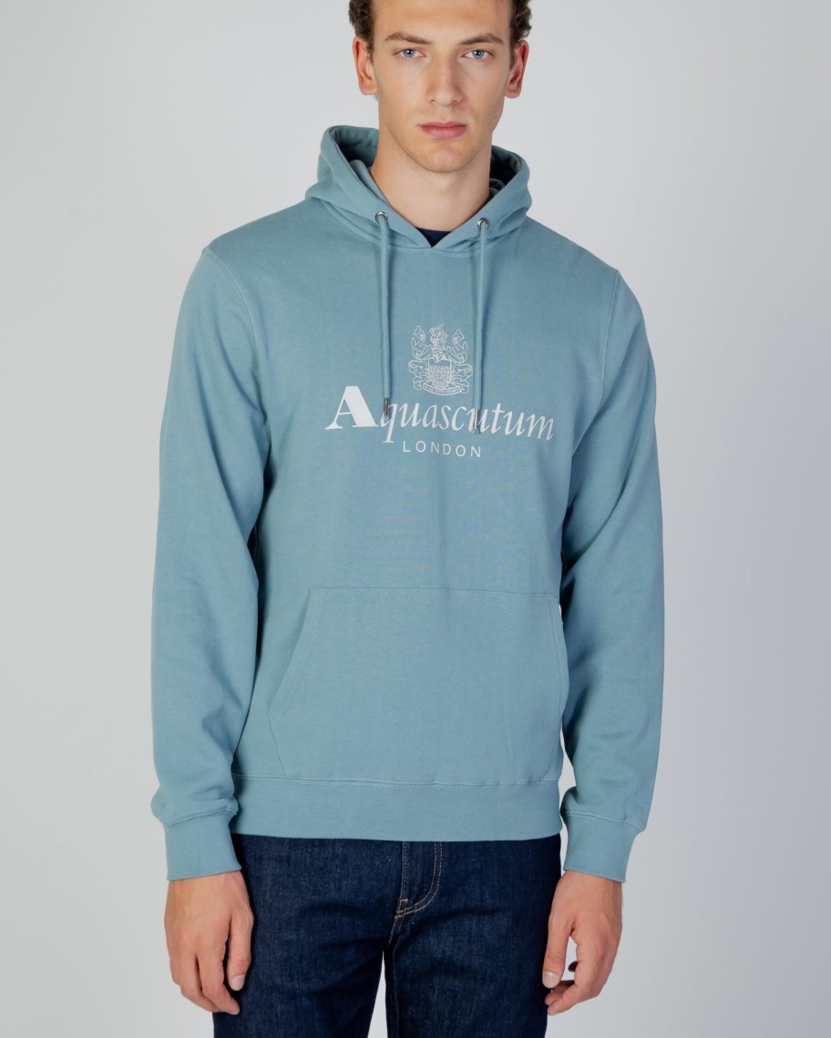 Uomo Aquascutum | Felpa Con Cappuccio Aquascutum Active Big Logo Hoodie Fleece Celeste