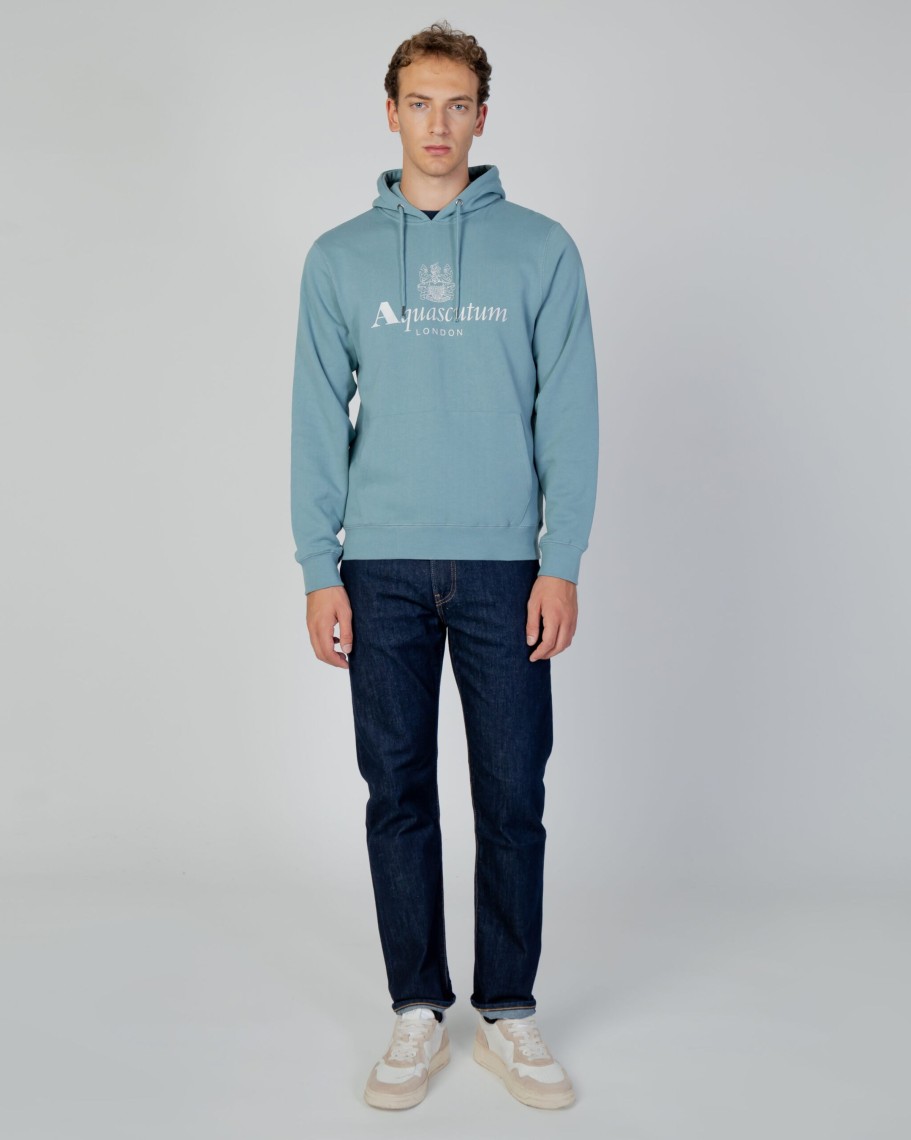 Uomo Aquascutum | Felpa Con Cappuccio Aquascutum Active Big Logo Hoodie Fleece Celeste