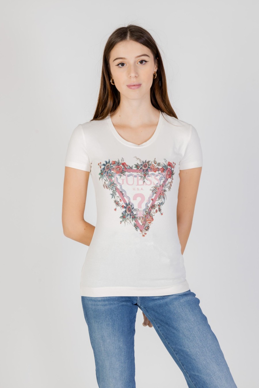 Donna Guess | T-Shirt Guess Ss Cn Triangle Flowers Tee Panna