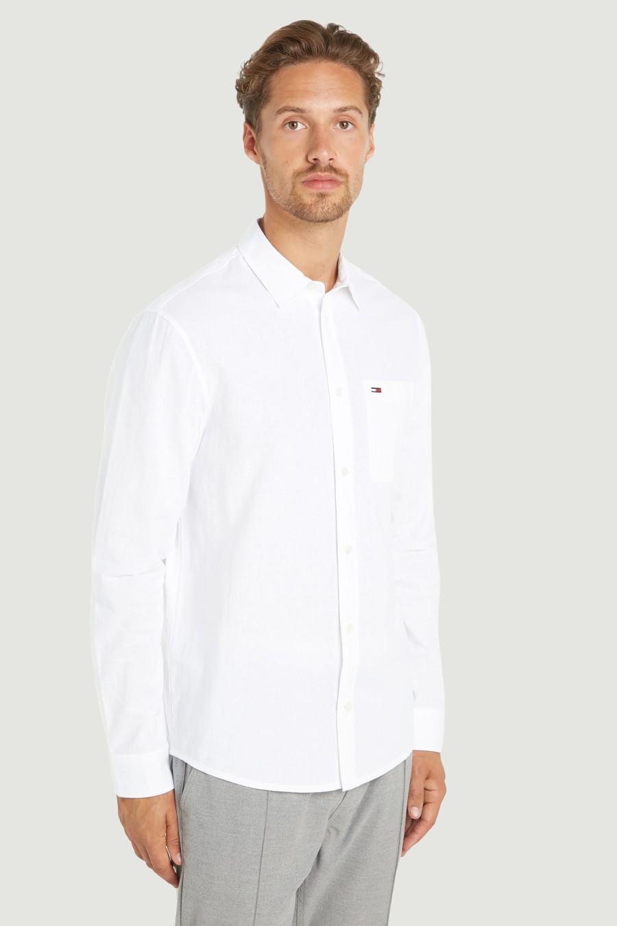 Uomo Tommy Hilfiger | Camicia Manica Lunga Tommy Hilfiger Reg Linen Blend Bianco