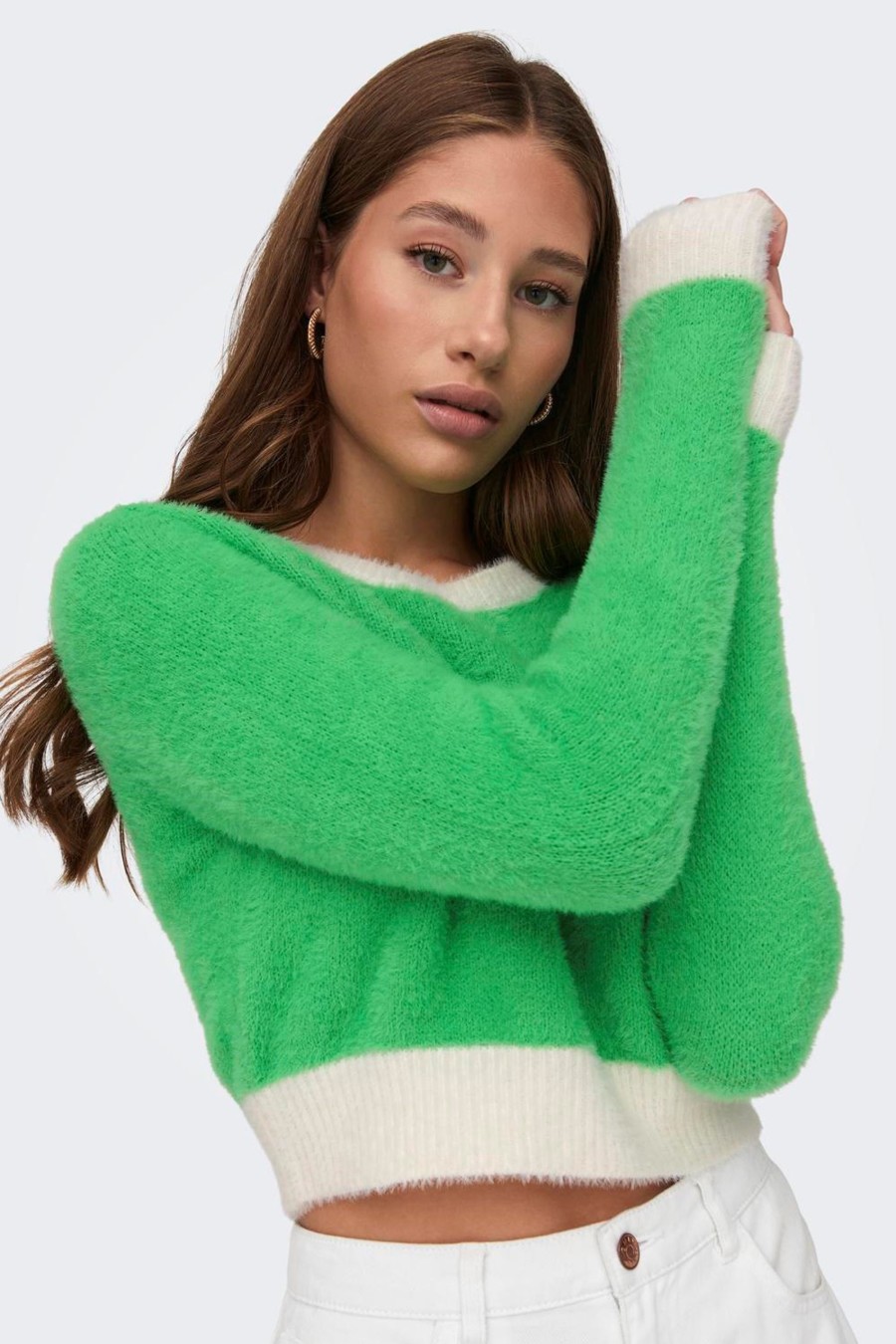 Donna Only | Maglione Only Onlpiumo L/S Crop Contrast Pull Cc Knt Verde