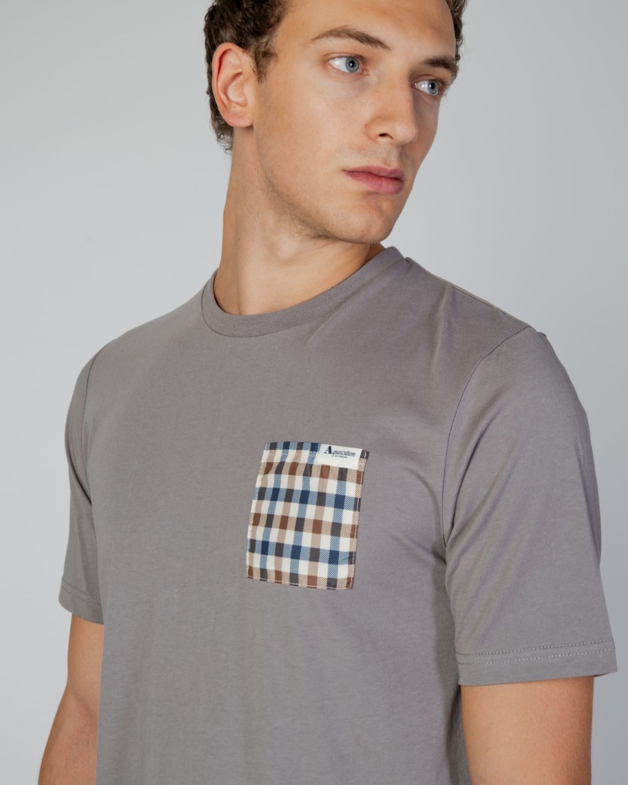 Uomo Aquascutum | T-Shirt Aquascutum Active Check Pocket Grigio