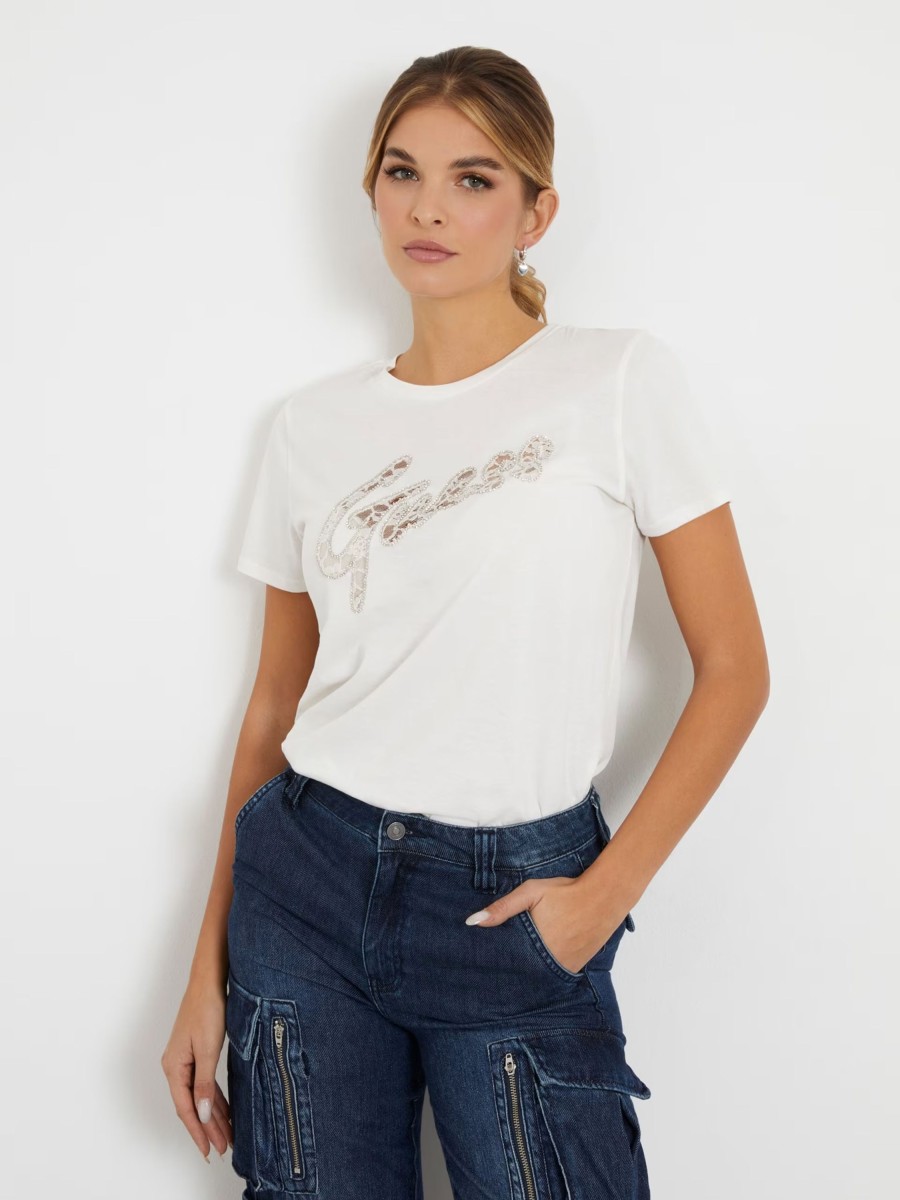 Donna Guess | T-Shirt Guess Lace Logo Easy Bianco