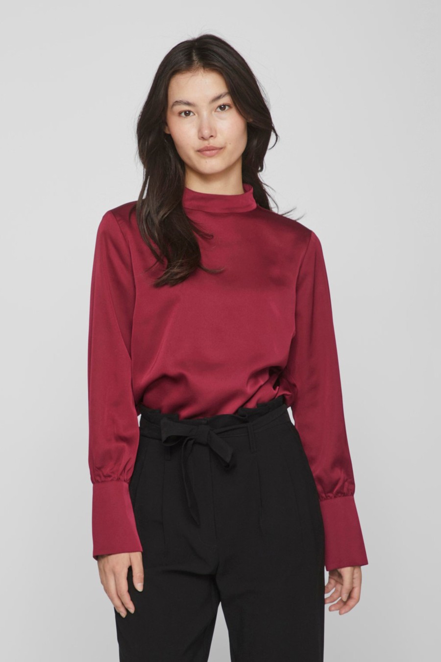 Donna Vila Clothes | T-Shirt Manica Lunga Vila Clothes Viellette Highneck L/S Shirt Bordeaux