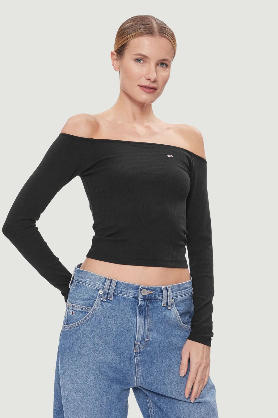 Donna Tommy Hilfiger | T-Shirt Manica Lunga Tommy Hilfiger Off Shoulder Nero