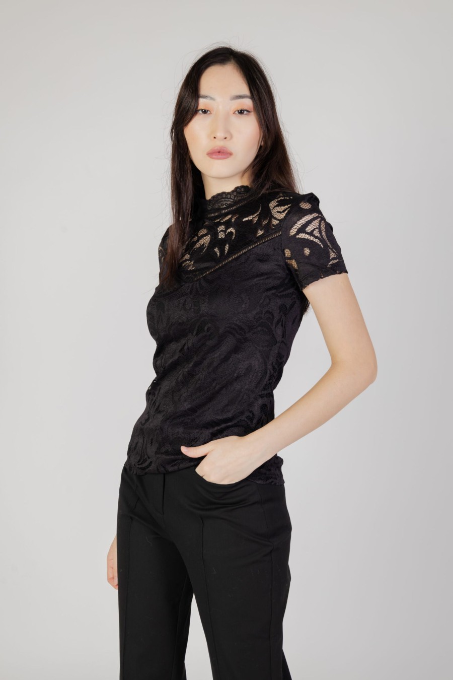 Donna Vila Clothes | T-Shirt Vila Clothes Vistasia S/S Lace Nero