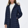 Donna Only | Piumino Only Onlellan Quilted Hood Fur Coat Cc Otw Blue Scuro