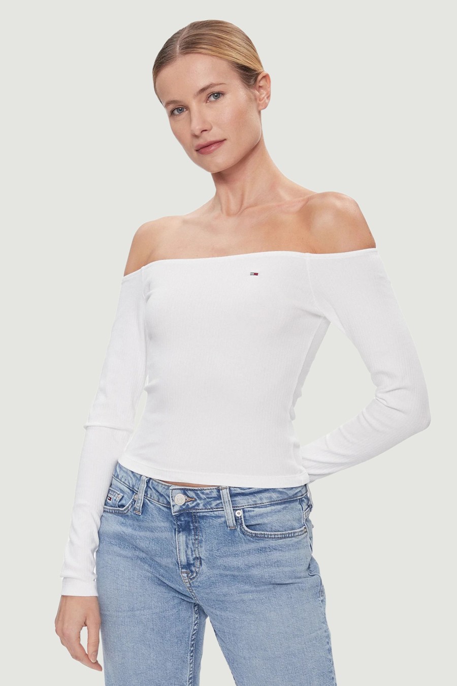 Donna Tommy Hilfiger | T-Shirt Manica Lunga Tommy Hilfiger Off Shoulder Bianco