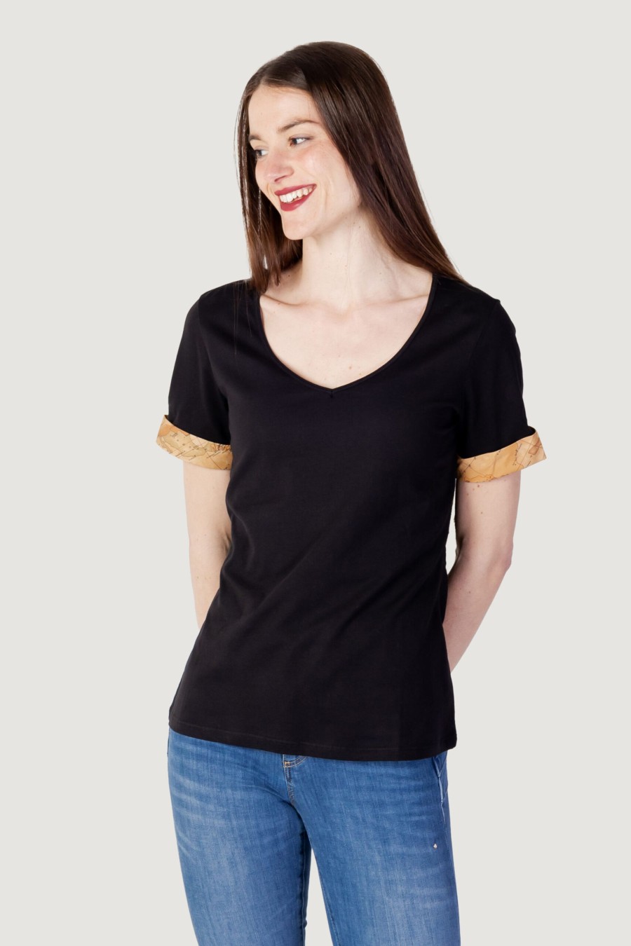 Donna Alviero Martini Prima Classe | T-Shirt Alviero Martini Prima Classe C/Risvolti Nero