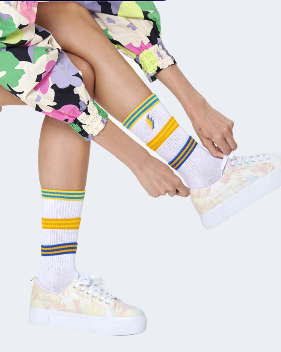 Donna Happy Socks | Calzini Happy Socks Colors Cuff Thin Crew Sock Bianco