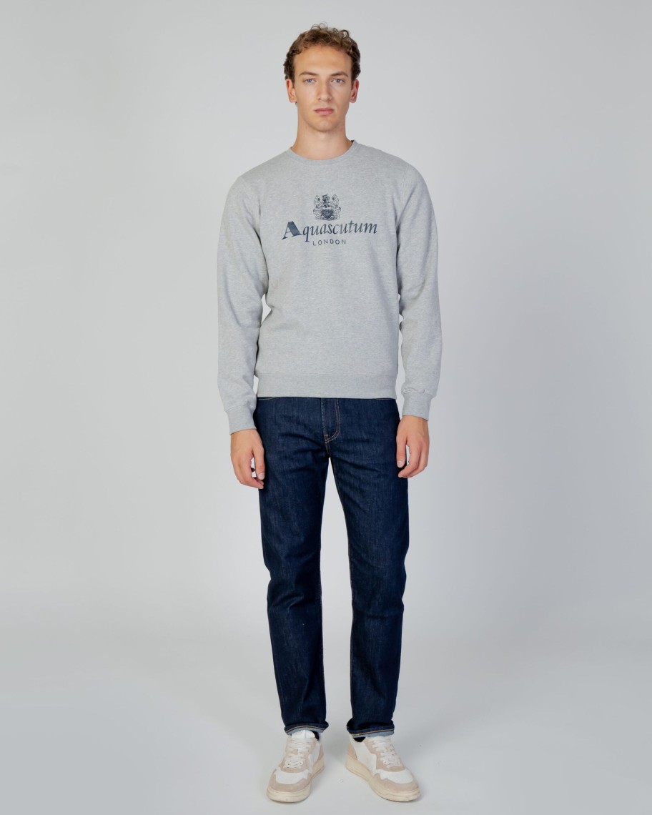 Uomo Aquascutum | Felpa Senza Cappuccio Aquascutum Active Big Logo Crew Neck Fleece Grigio Scuro