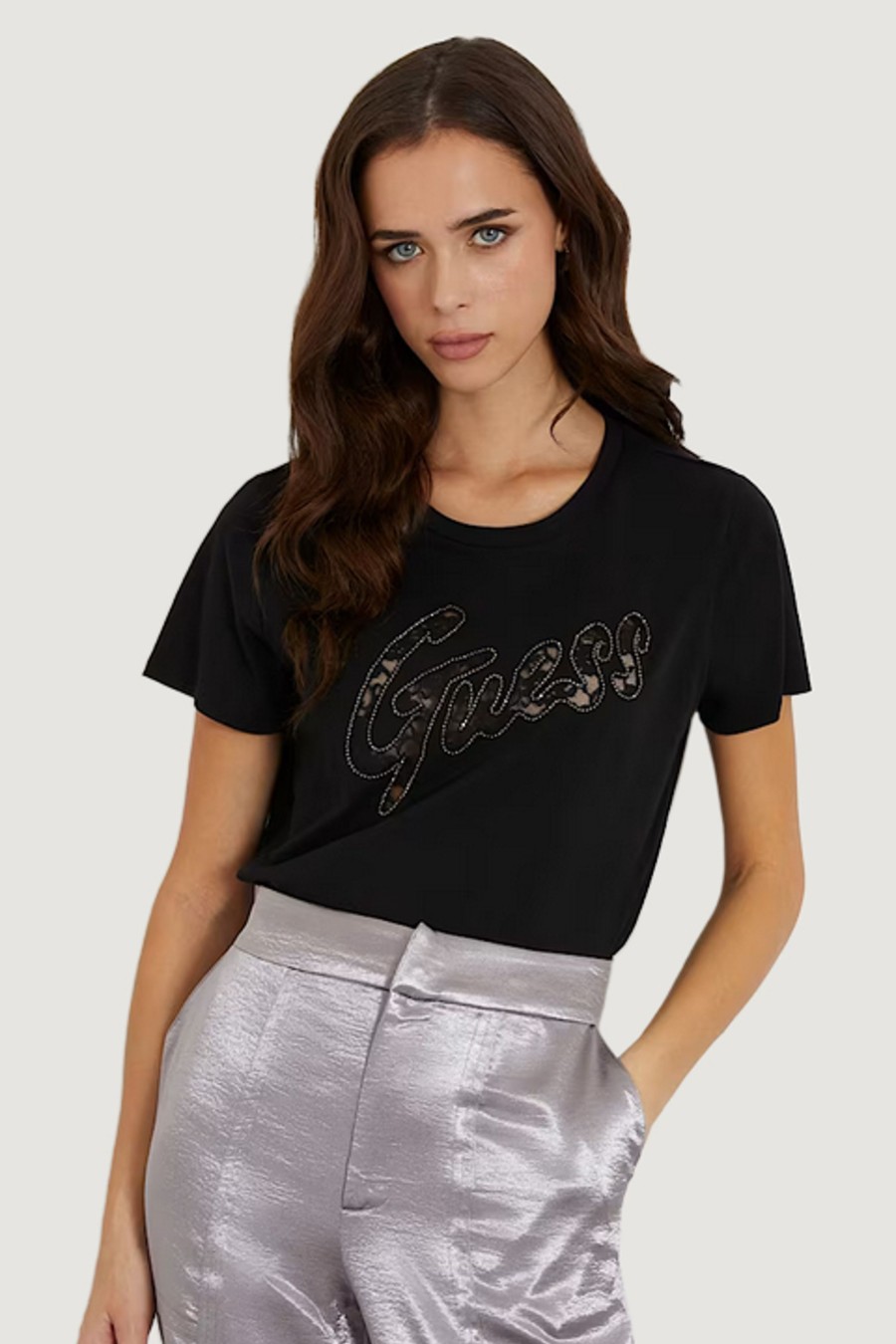 Donna Guess | T-Shirt Guess Lace Logo Easy Nero