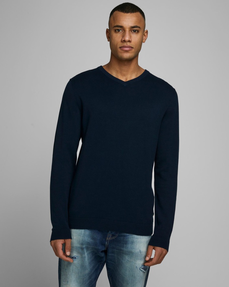 Uomo Jack Jones | Maglia Jack Jones Jjebasic Knit V-Neck Noos Blue Scuro