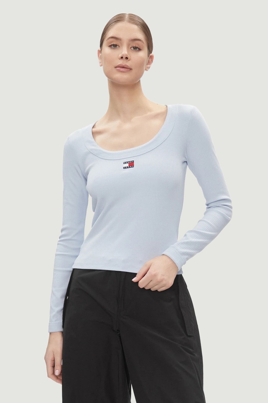 Donna Tommy Hilfiger | T-Shirt Manica Lunga Tommy Hilfiger Slim Badge Rib Celeste