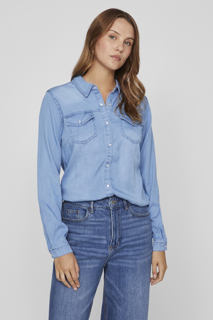 Donna Vila Clothes | Camicia Manica Lunga Vila Clothes Vibista Denim Shirt Denim Chiaro