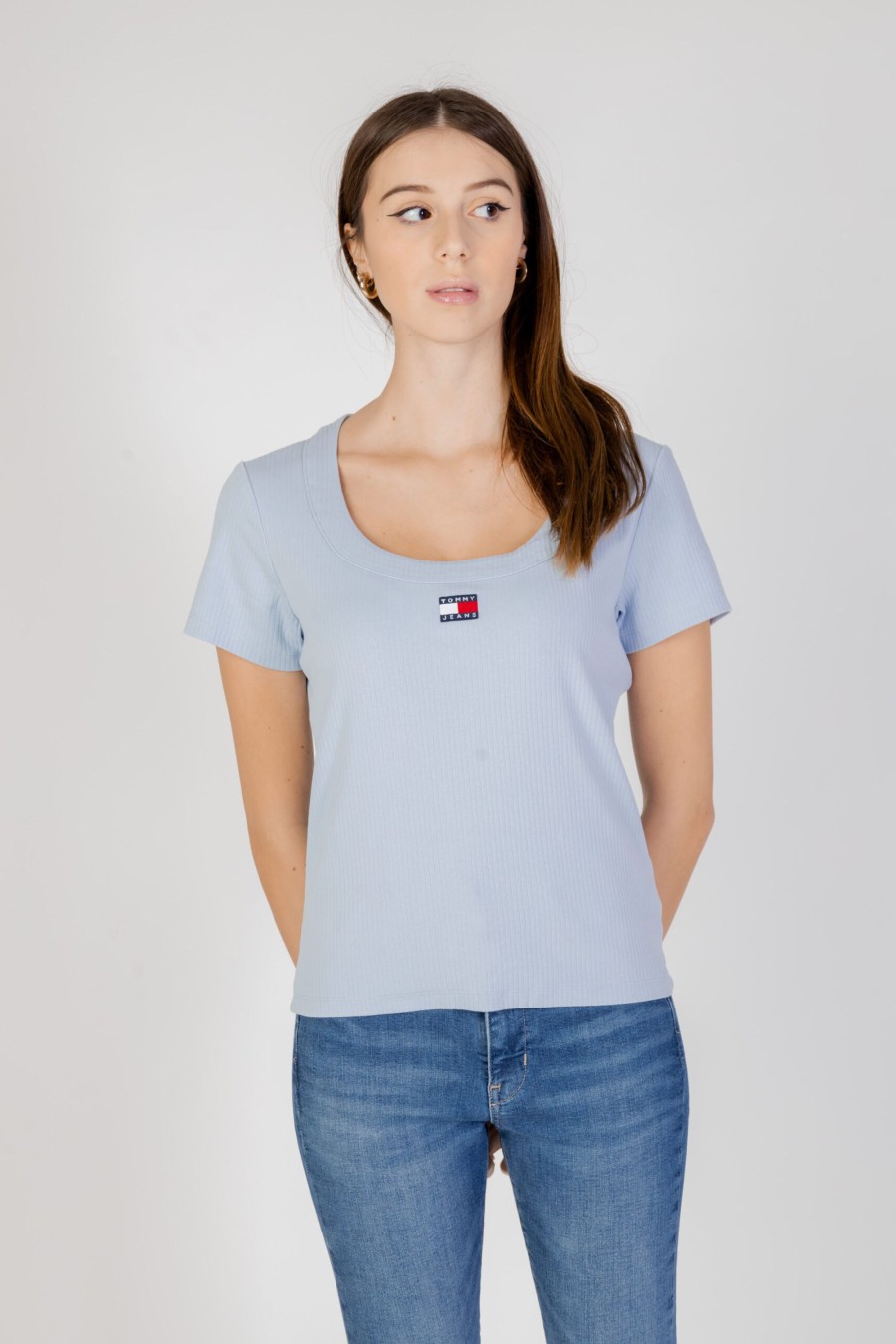 Donna Tommy Hilfiger | T-Shirt Tommy Hilfiger Slim Badge Rib Celeste