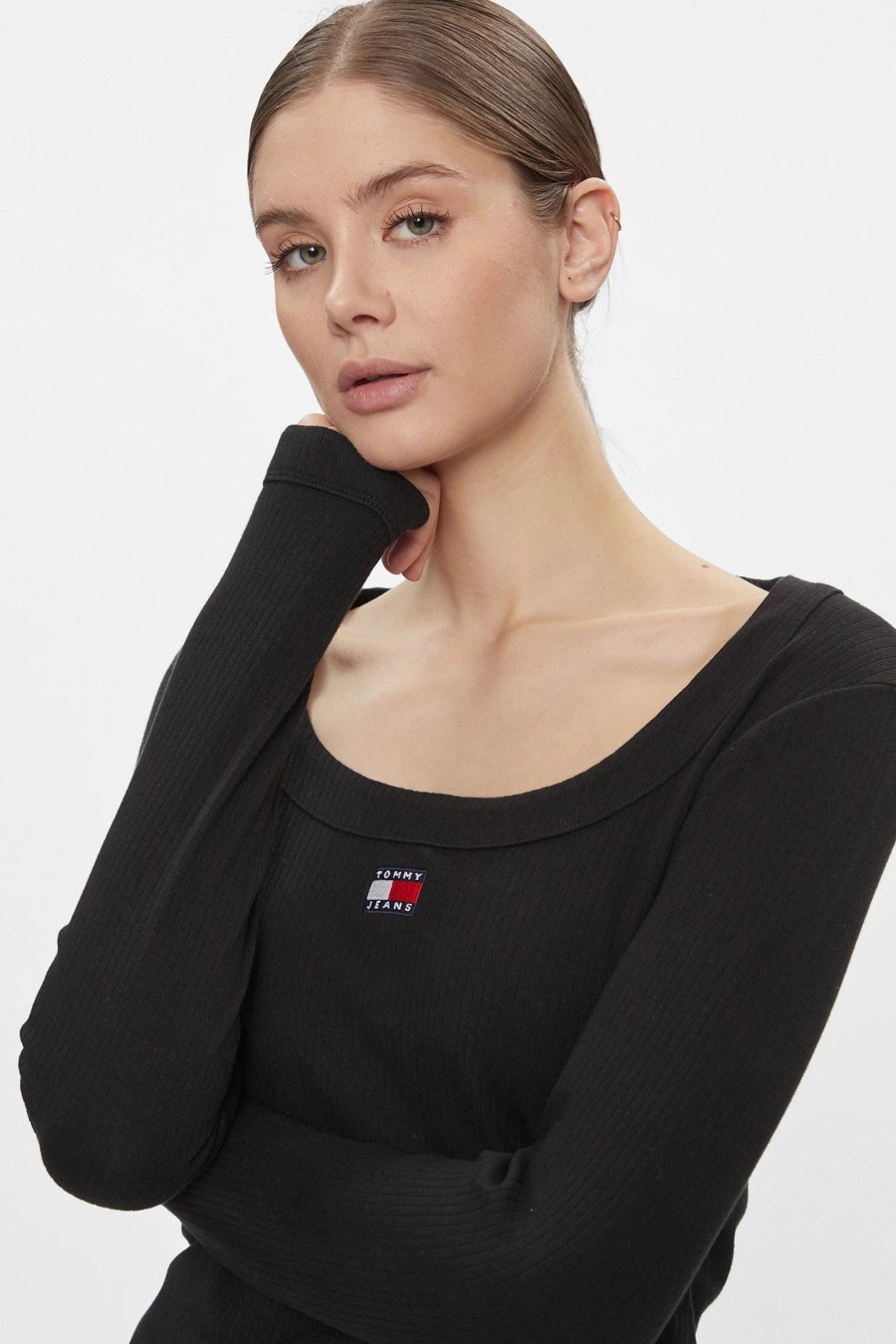 Donna Tommy Hilfiger | T-Shirt Manica Lunga Tommy Hilfiger Slim Badge Rib Nero