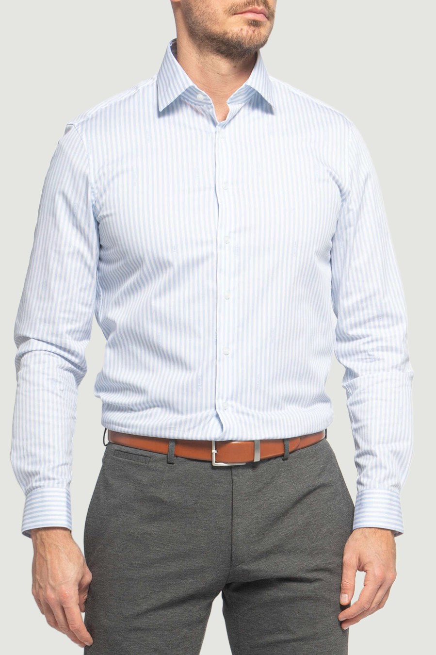 Uomo Calvin Klein | Camicia Manica Lunga Calvin Klein Twill Logo Stripe Fi Celeste