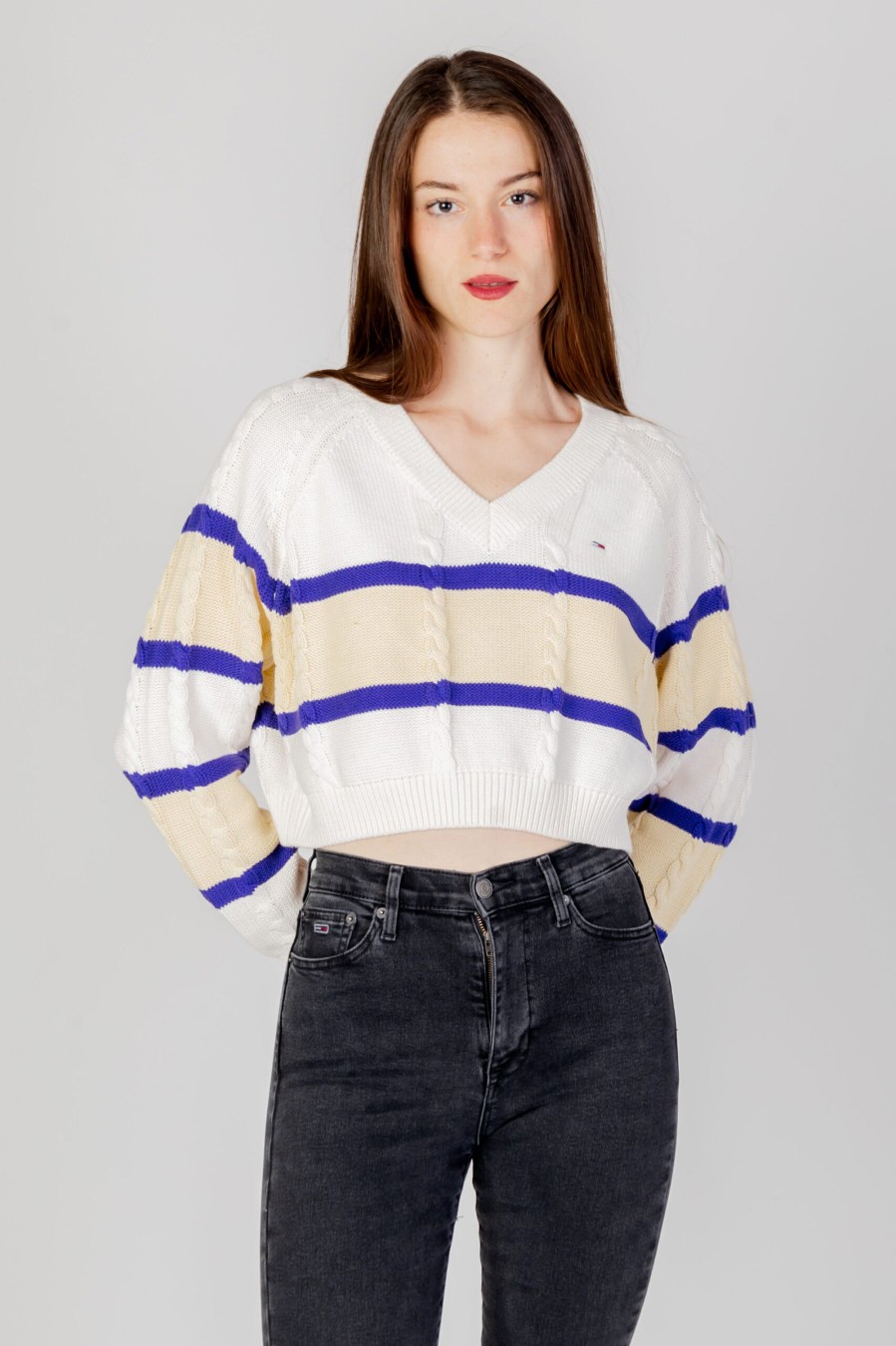 Donna Tommy Hilfiger | Maglione Tommy Hilfiger Tjw Crp Stripe V-Nec Bianco