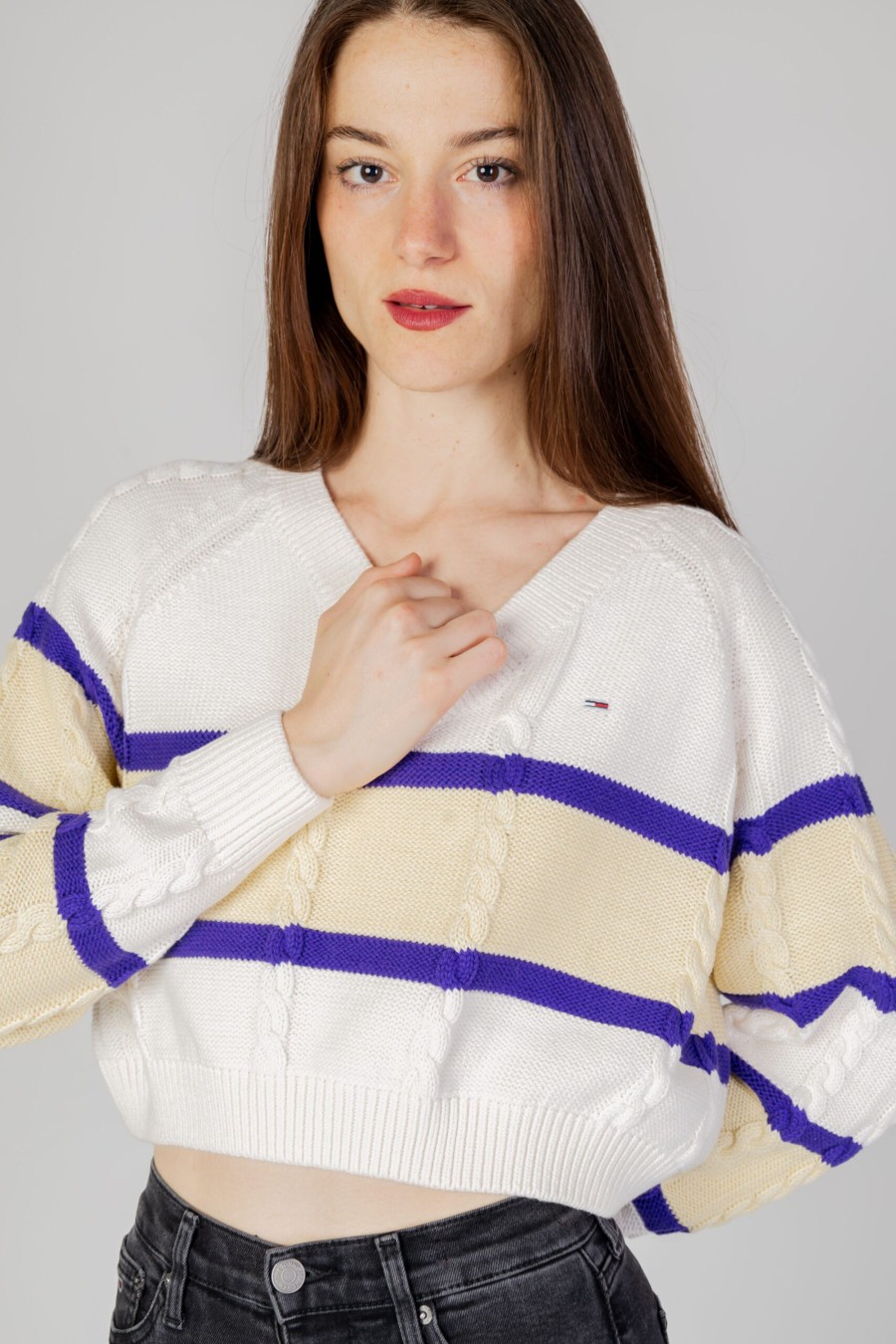 Donna Tommy Hilfiger | Maglione Tommy Hilfiger Tjw Crp Stripe V-Nec Bianco