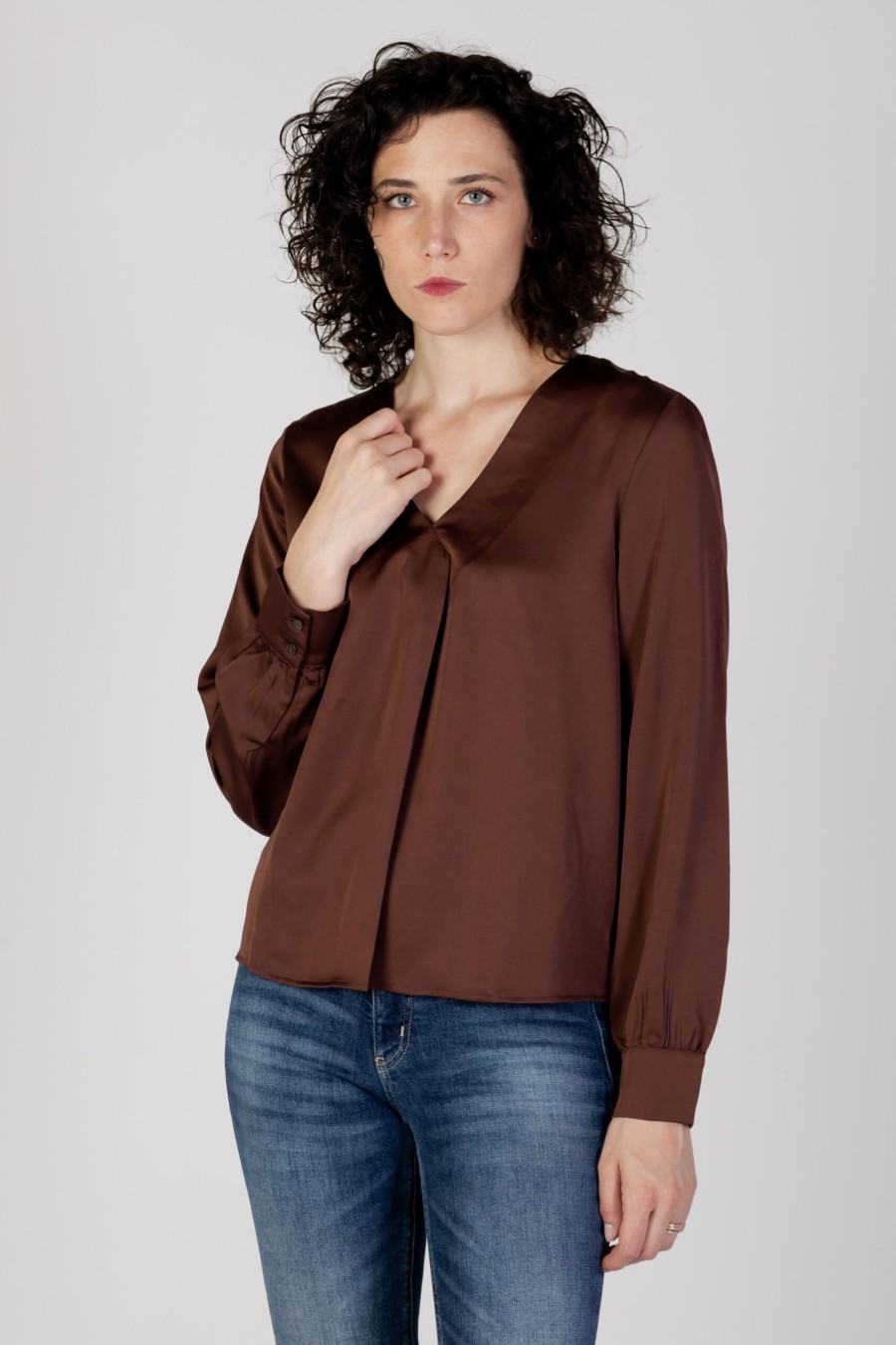 Donna Vila Clothes | Bluse Manica Lunga Vila Clothes Viellette V-Neck L/S Noos Cioccolato