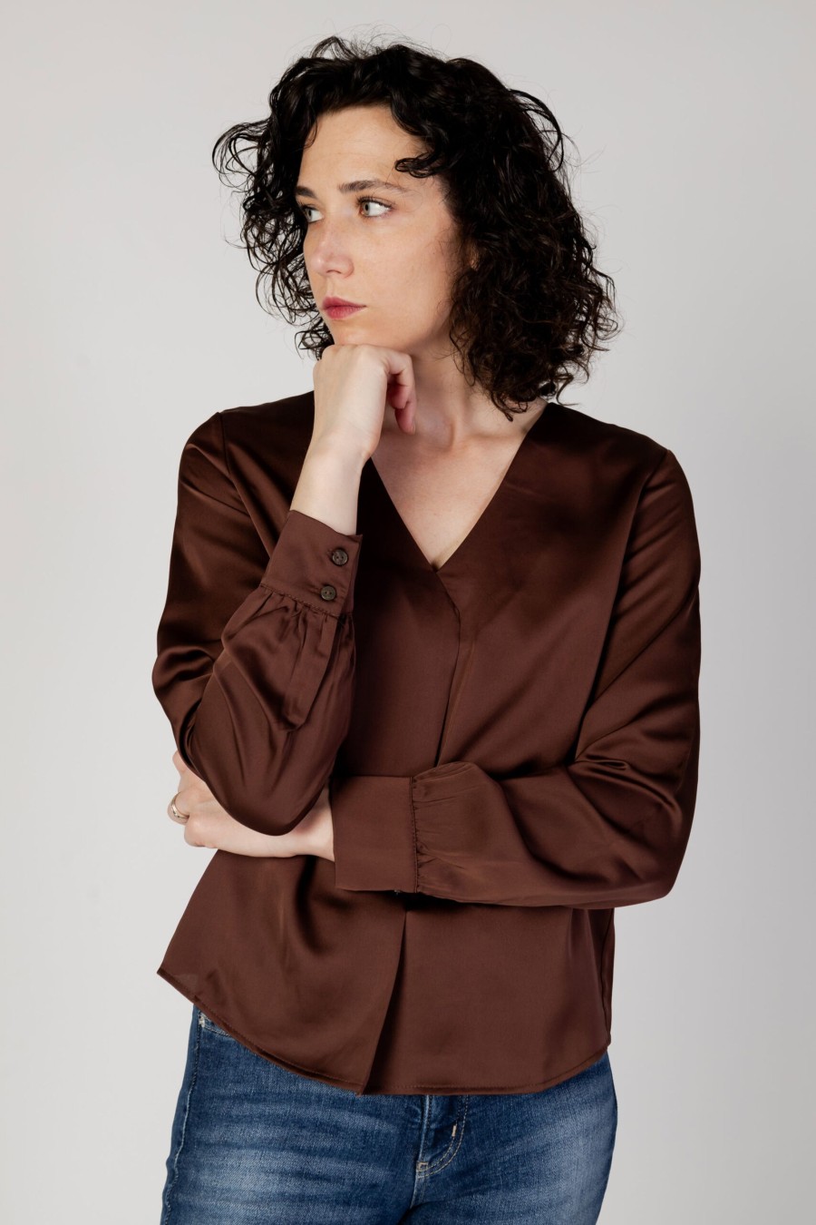 Donna Vila Clothes | Bluse Manica Lunga Vila Clothes Viellette V-Neck L/S Noos Cioccolato